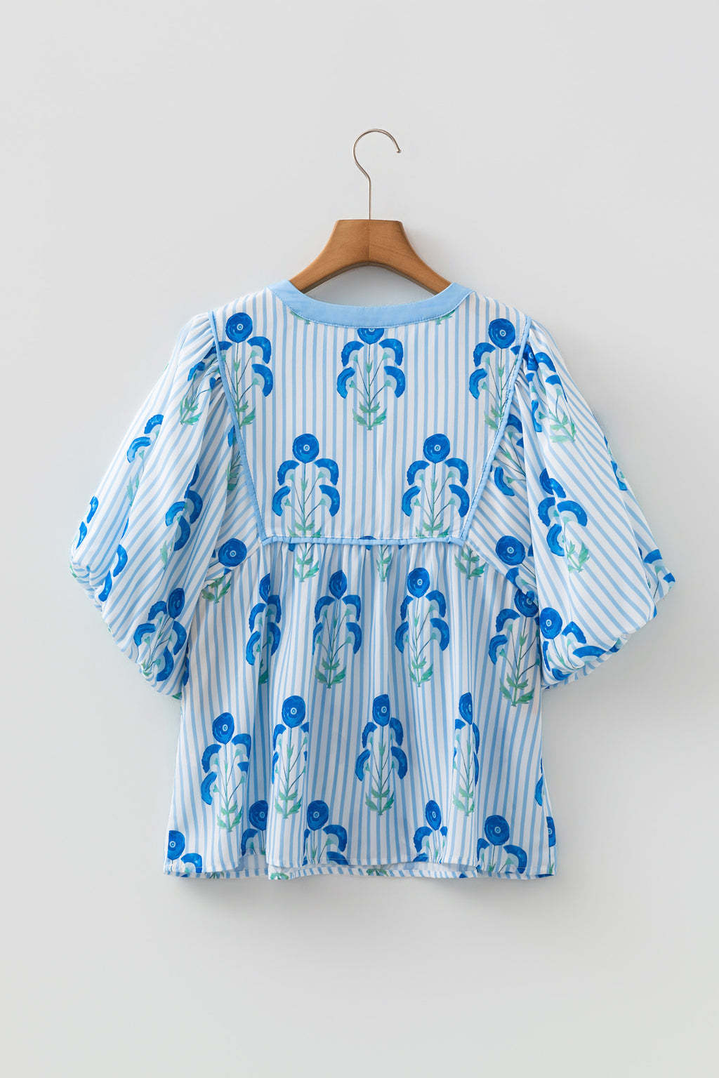 Sky Blue Floral Print Tie Neck Puff Sleeve Blouse
