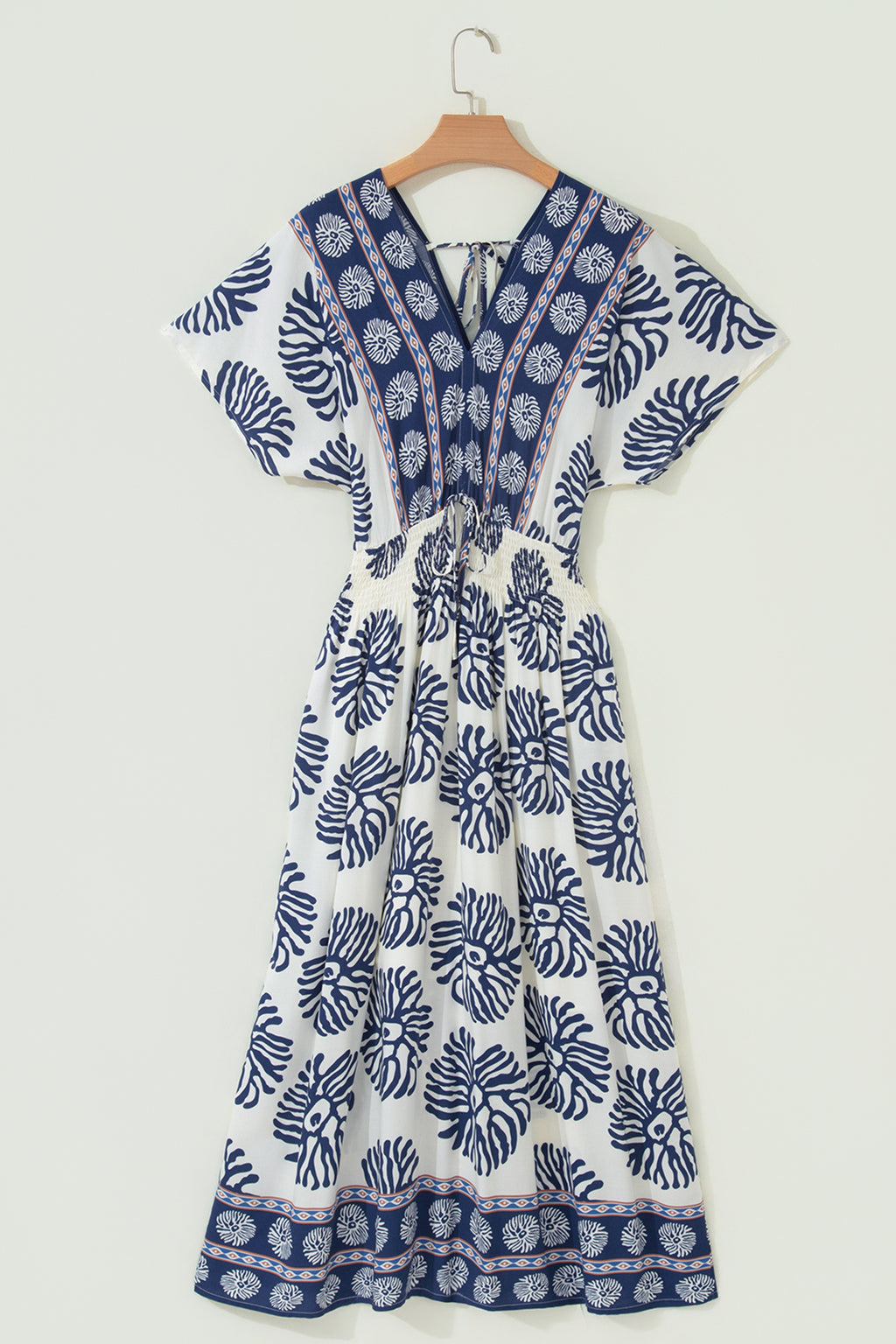 Blue Boho Floral Print Contrast Patchwork V Neck Dolman Maxi Dress