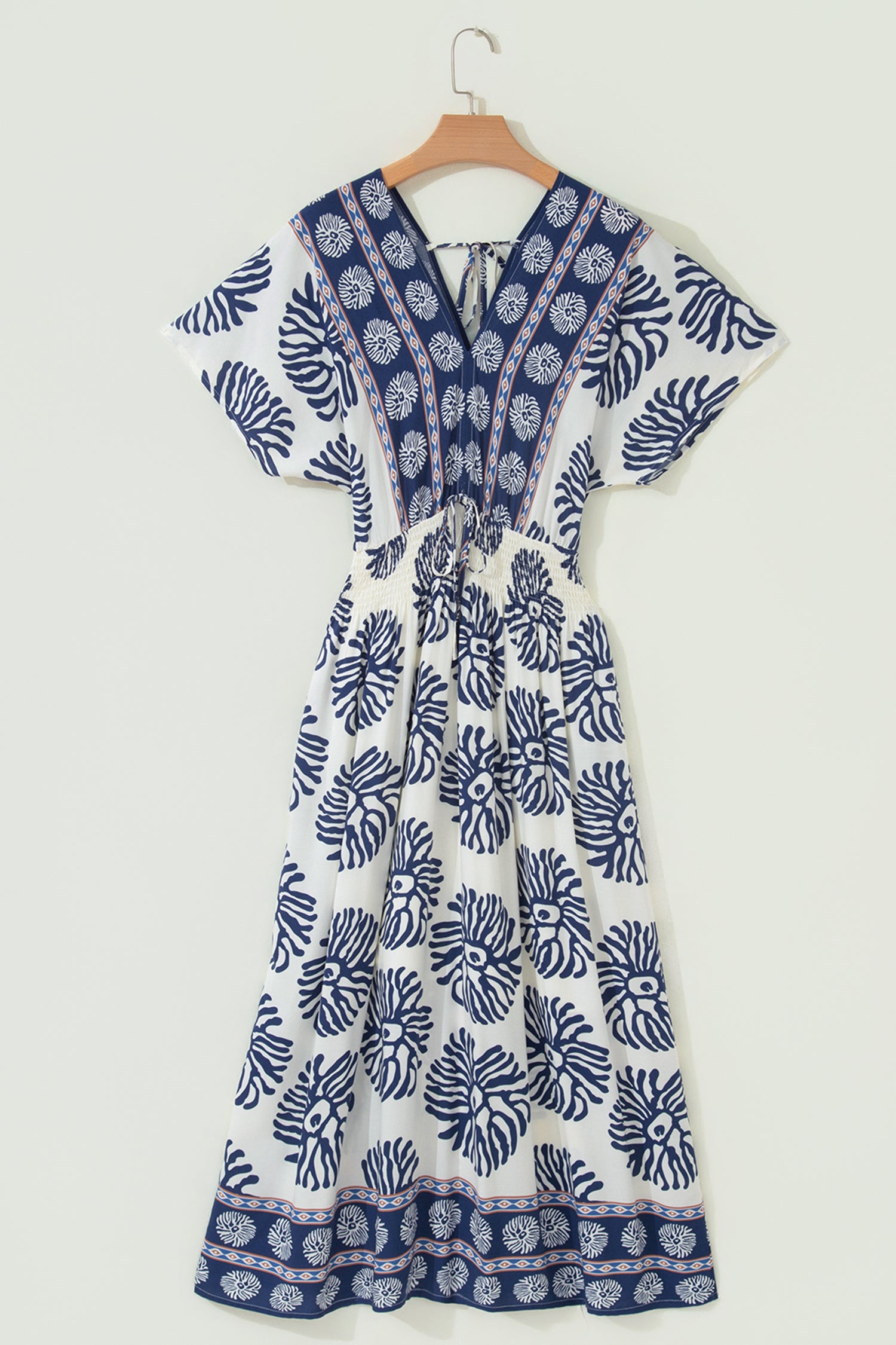 Blue Boho Floral Print Contrast Patchwork V Neck Dolman Maxi Dress