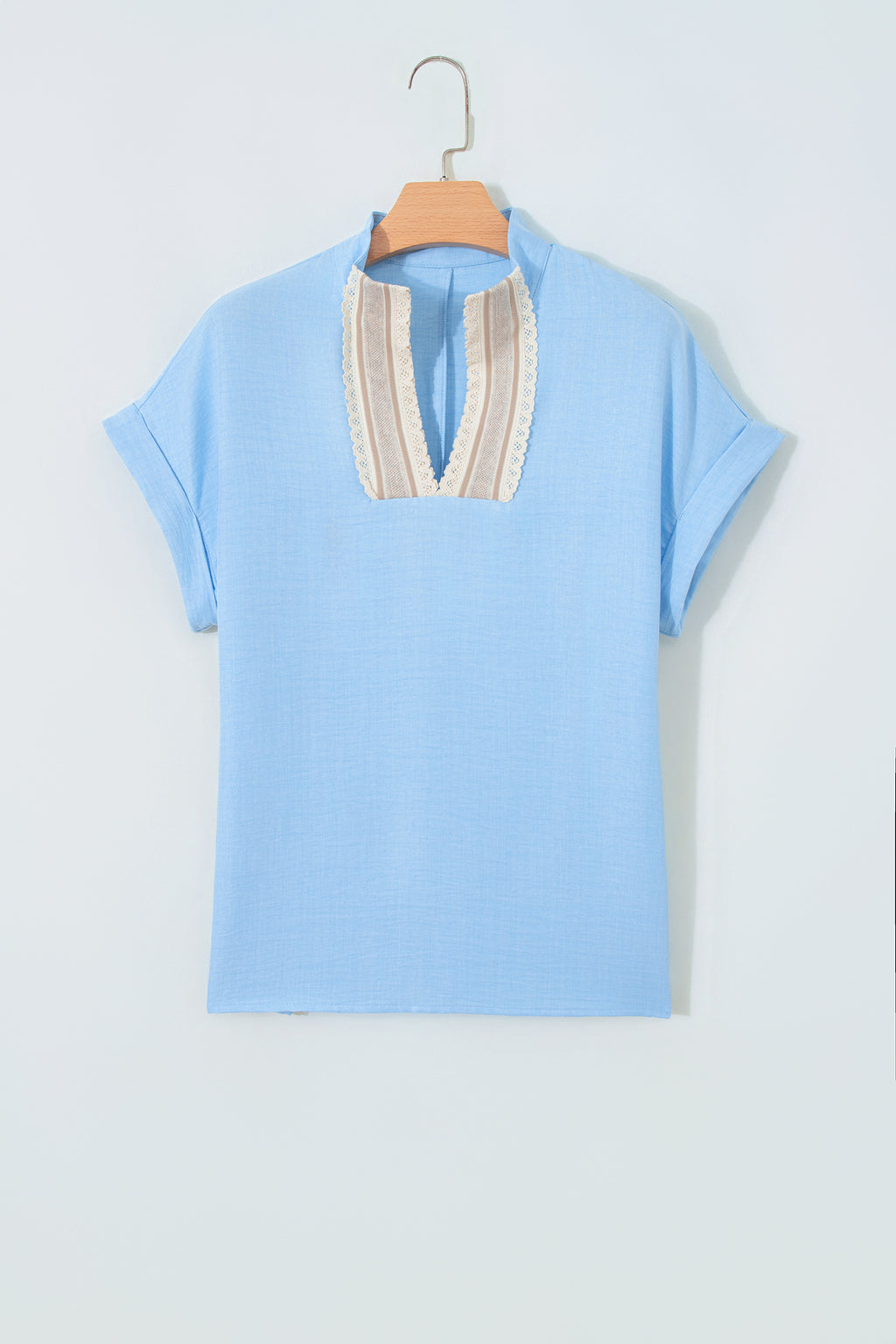Parchment Crochet Lace Accent Pullover Rolled Short Sleeve Blouse