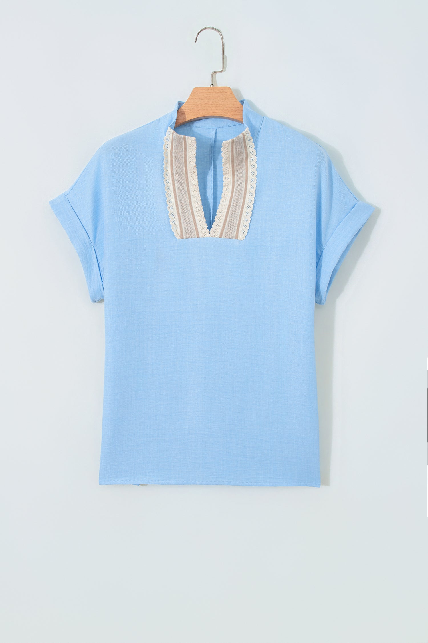 Parchment Crochet Lace Accent Pullover Rolled Short Sleeve Blouse