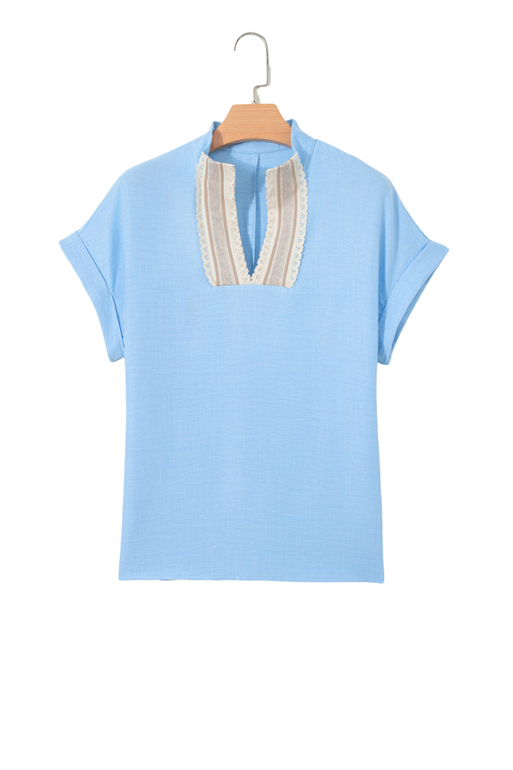 Parchment Crochet Lace Accent Pullover Rolled Short Sleeve Blouse
