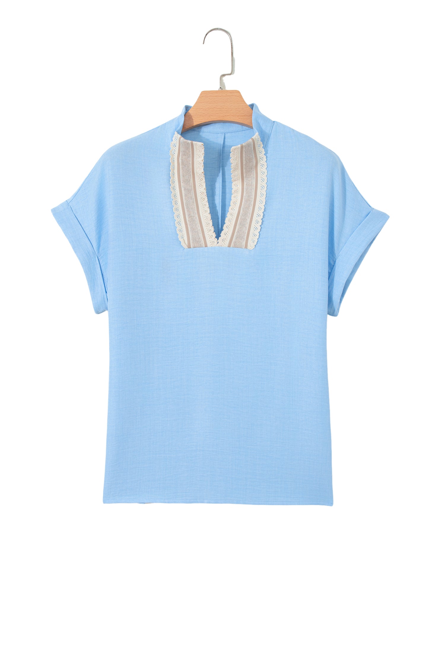 Parchment Crochet Lace Accent Pullover Rolled Short Sleeve Blouse