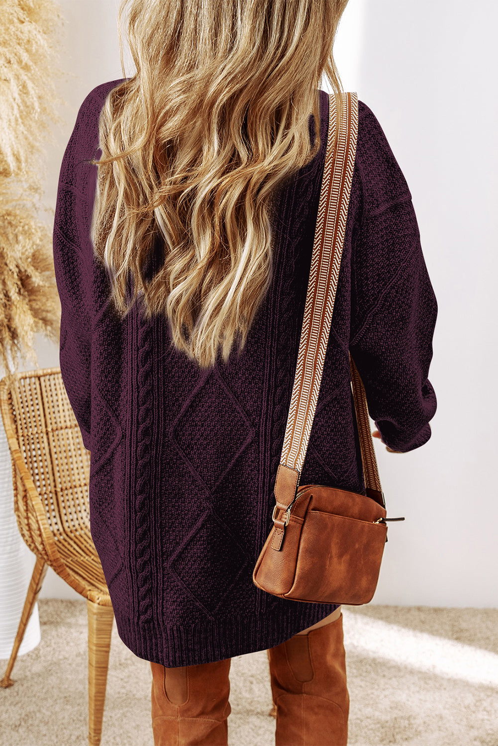 Burgundy Cable Knit Drop Shoulder Loose Fit Sweater Dress